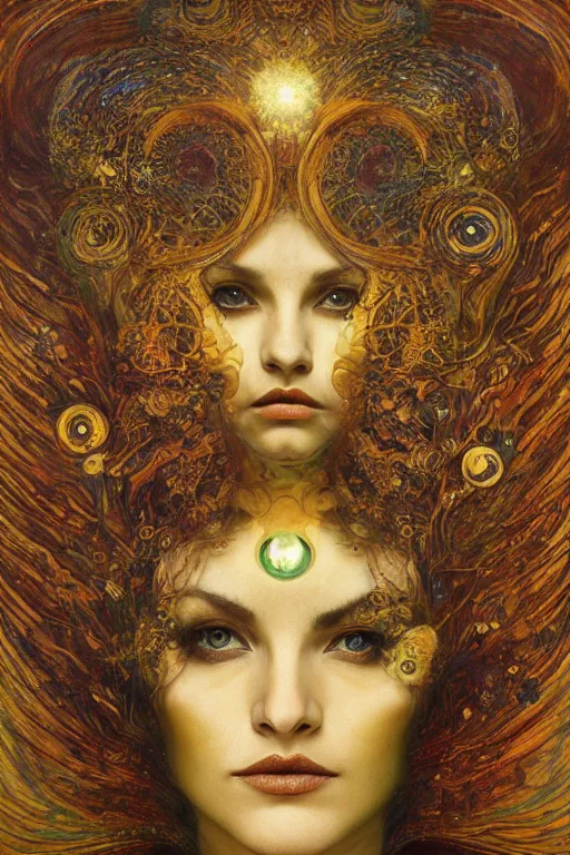 Image similar to Intermittent Chance of Chaos Muse by Karol Bak, Jean Deville, Gustav Klimt, and Vincent Van Gogh, beautiful surreal face portrait, enigma, destiny, fate, inspiration, muse, otherworldly, fractal structures, arcane, ornate gilded medieval icon, third eye, spirals