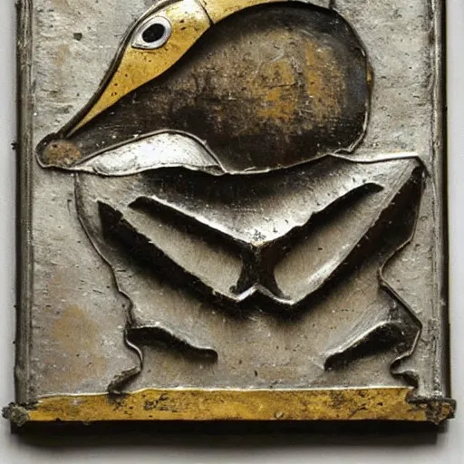 Image similar to Metalwork of a penguim, medieval art, fragmented metal medieval sculpture of a penguim