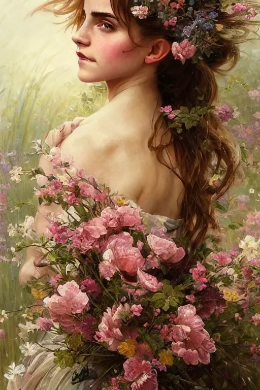 Prompt: portrait of emma watson as beautiful mysterious woman holding a bouquet of flowing flowers, hands hidden under the bouquet, fantasy, regal, intricate, by stanley artgerm lau, greg rutkowski, thomas kindkade, alphonse mucha, loish, norman rockwell