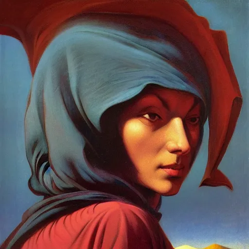 Prompt: journey of Bucolic gaze death wisdom Bedouin under crimson azure diamond sky, in the style of Frank Frazetta, Jeff Easley, Caravaggio, extremely clear and coherent, clear lines, 8K revolution