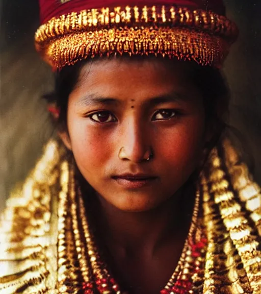 Image similar to vintage_closeup portrait_photo_of_a_stunningly beautiful_nepalese_maiden with amazing shiny eyes in the himalayan mountains by Annie Leibovitz