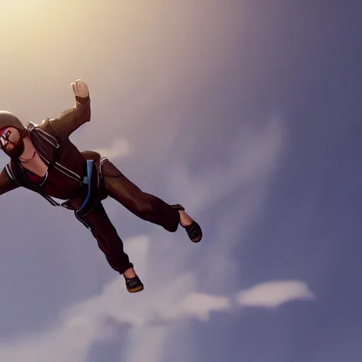 Prompt: portrait of jesus skydiving, gta artstyle, wide shot, dramatic lighting, octane render, hyperrealistic, high quality, highly detailed, HD, beautiful, cinematic, 8k, unreal engine, facial accuracy, anatomical accuracy, symmetrical