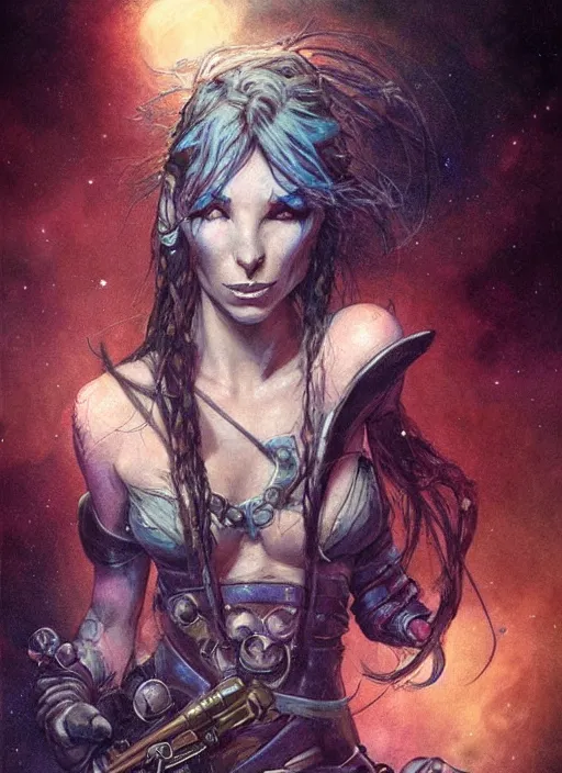 Image similar to portrait of female space pirate, night sky background, beautiful! coherent! by brom, by brian froud, deep color, strong line, high contrast