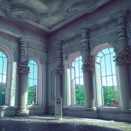 Image similar to vaporwave mansion, liminal space, high detail, rendered in unreal engine, 3d render, god rays, volumetric lighting, large windows, baroque, vegetation