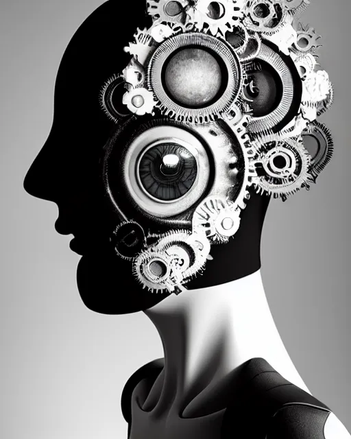 Image similar to black and white dreamy foggy smoky profile face portrait, one silver steampunk eye biomechanical beautiful young female cyclope - cyborg - robot bust, body ribs meshes,, volumetric light, hibiscus flowers, by hg giger, rim light, by dora maar and cecile beaton, big gothic fashion pearl embroidered collar, 8 k