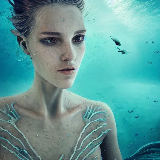 Prompt: A beautiful woman who is part skeleton part mermaid, pieces of bone poking through her fin, portrait, underwater, beautiful face, seaweed floating, light coming from above, fantasy painting, hyperrealistic, beautiful hyperdetailed, depth of field, High definition, 8k, octane rend