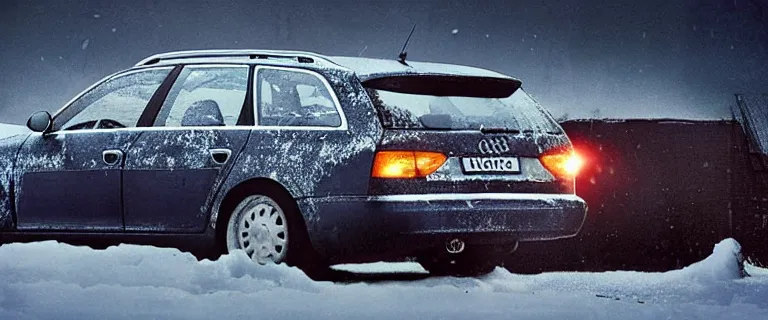 Prompt: Audi A4 B6 Avant (2002), a gritty neo-noir, dramatic lighting, cinematic, eerie person, death, homicide, homicide in the snow, viscera splattered, gunshots, bullet holes, establishing shot, extremely high detail, photorealistic, fire, arson, cinematic lighting, artstation, by simon stalenhag, Max Payne (PC) (2001) winter New York at night, In the style of Max Payne 1 graphic novel, flashing lights, Poets of the Fall - Late Goodbye