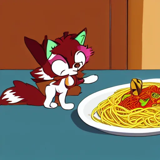 Prompt: Crystal from staryfox eating a plate of spaghetti