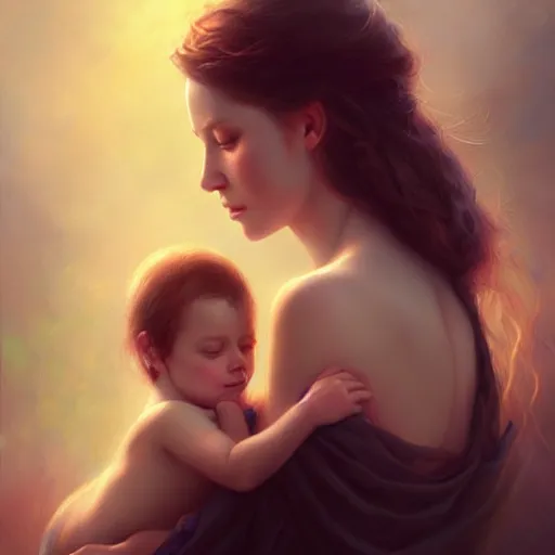 Image similar to love is patient love is kind, mother and child ; photorealistic oil painting by charlie bowater and mark blooms ; highly detailed cute faces by wlop ; trending on artstation