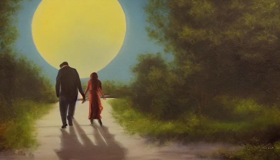 Image similar to oil painting, happy lovers leaving together, she is carressing him, walking towards the full moon, cinematic lighting, wow, establishing shot