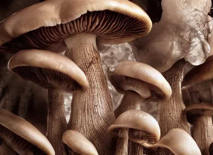 Image similar to close up shot of a mushroom with translucent skin, visible muscles and veins and arteries and bones and spines and nerves, beautiful detailed intricate insanely detailed octane render, 8k artistic photography, photorealistic, chiaroscuro, by David Cronenberg, Raphael, Caravaggio