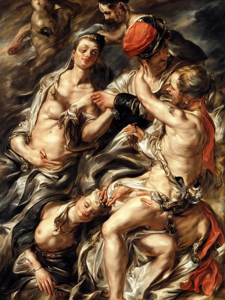 Prompt: the soldier lays his hand on the queen ’ s forehead, by peter paul rubens and eugene delacroix and karol bak, hyperrealism, digital illustration, fauvist, intimate, relaxed posture, high definition, delicate, dimly lit, private moment