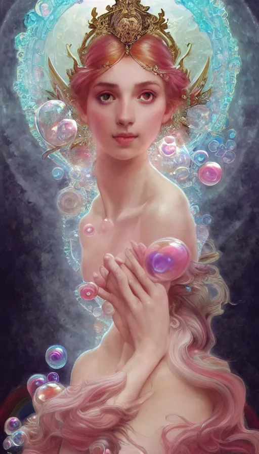 Image similar to portrait of stunning Goddess of magic, dreamy and ethereal, expressive pose, big pink eyes, peaceful expression, ornate frilly dress, fantasy, intricate, elegant, many rainbow bubbles, rose tones, highly detailed, digital painting, artstation, concept art, smooth, sharp focus, illustration, art by artgerm and greg rutkowski and alphonse mucha