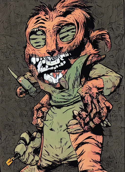 Image similar to tigerman wearing a botie cover art by jamie hewlett and ashley wood, digital art, neonpunk