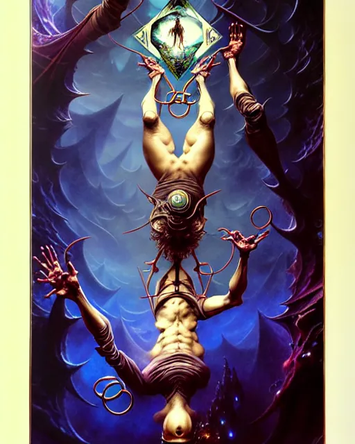 Prompt: man hanging upside down tarot card, fantasy character portrait made of fractals, ultra realistic, wide angle, intricate details, the fifth element artifacts, highly detailed by peter mohrbacher, hajime sorayama, wayne barlowe, boris vallejo, aaron horkey, gaston bussiere, craig mullins