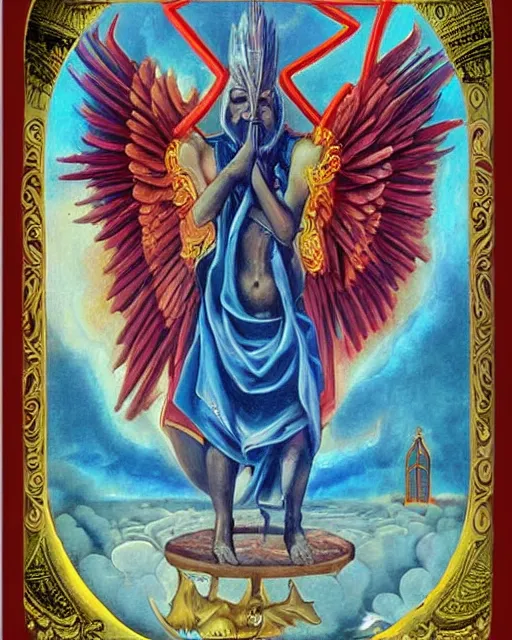 Prompt: surrealism : godly men from the realm of universe, hyperreal, detailed, the judgement an angel simetrical for the tarot of marseille, riddim, directorio