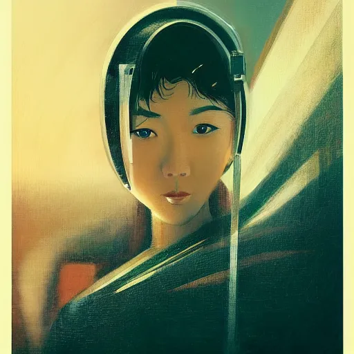 Image similar to detailed face of an asian woman, clockwork, moment, tectonic sky, skydome, bullet train, turbines, utopian, tech noir, wet reflections, prism, atmospheric, ambient, pj crook, syd mead, livia prima, artgerm, greg rutkowski, nick alm, casey baugh