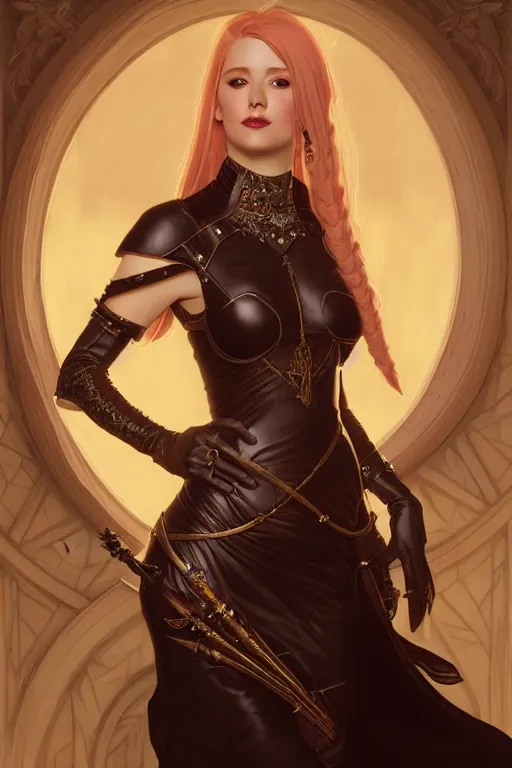 Prompt: Portrait of seductive female bard, D&D, revealing stylish dress like leather armor, choker on neck, long blonde or red hair, mouth slightly open, slight nerdy smile, fantasy, intricate, elegant, highly detailed, digital painting, artstation, concept art, smooth, sharp focus, illustration, art by artgerm and greg rutkowski and alphonse mucha