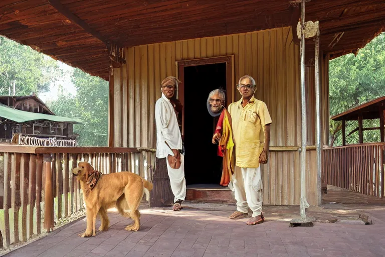 Prompt: Indian man on the country western porch with his golden retriever by Steven Spielberg