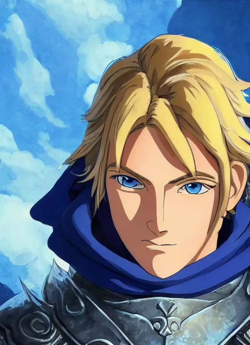 Prompt: portrait of anduin wrynn from wow, studio ghibli epic character with beautiful blue eyes, very beautiful detailed symmetrical face, blonde hair, bright colors, diffuse light, dramatic landscape, fantasy illustration