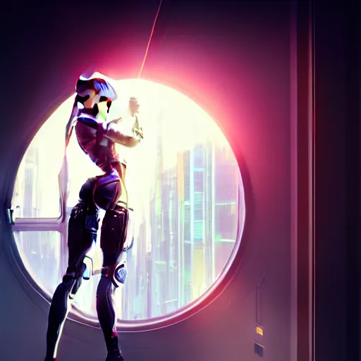 Image similar to beautiful cyborg - girl punching through a large reflective shattering window, window reflections, reflective, mirror reflection, refractions on lens, full round face, biomechanical details, cyberpunk anime art, full body shot, lens flare, wlop, ilya kuvshinov, artgerm, krenz cushart, greg rutkowski