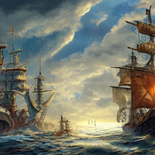 Image similar to pirate ship fighting off leviathan under sunny skies, trending on artstation, ultra fine detailed, hyper detailed, hd, concept art, digital painting