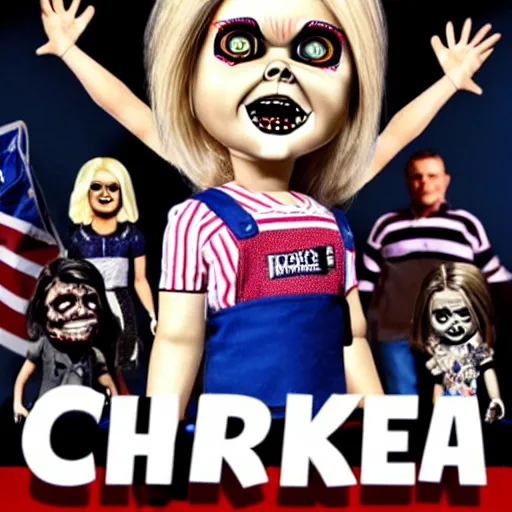 Prompt: the bride of chucky running for president