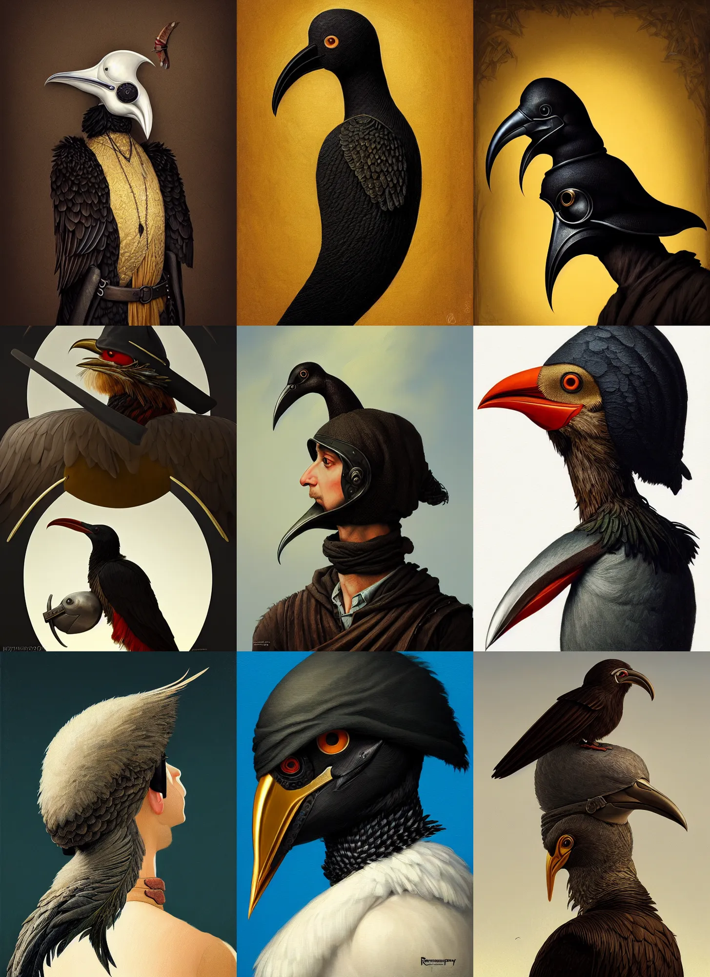 Prompt: rpg! profile! portrait of humanoid bird on white background, beak, feathers, plague doctor, beautiful clothes, intricate, highly detailed, digital painting, artstation, concept art, smooth, sharp focus, illustration, art by norman rockwell emiliano ponzi andrey remnev yoann lossel aaron jasinski, 8 k