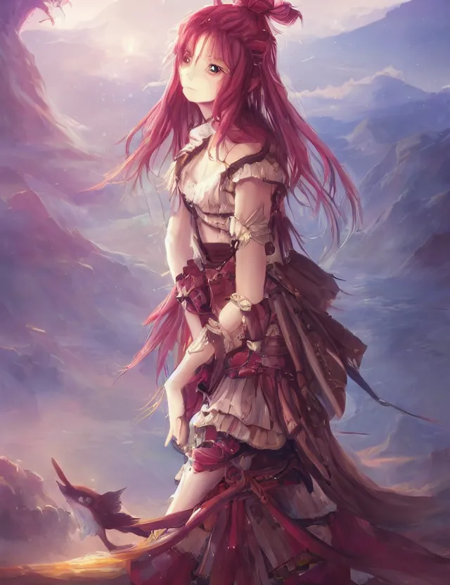 Image similar to scenic wide angle portrait of a teenage girl, bard outfit, anime in fantasy style, trending artwork, painted in anime painter studio, by anato finstark, tony sart, marc simonetti and an anime artist, collaboration