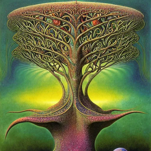 Image similar to sacred mulberry tree by roger dean and andrew ferez, art forms of nature by ernst haeckel, divine chaos engine, symbolist, visionary, art nouveau, botanical fractal structures, tree of life, lightning bolts, heimat, detailed, realistic, surreality