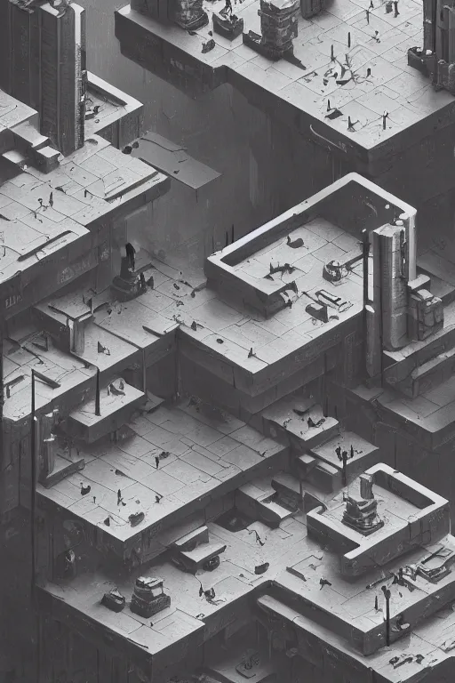 Image similar to Isometric landscape of a dull, incoherent, escher, monochromatic, dystopian, dreadful, sad cyberpunk city illustrated by Greg Rutkowski, trending on artstation, artstationHD, artstationHQ, 4k, 8k.