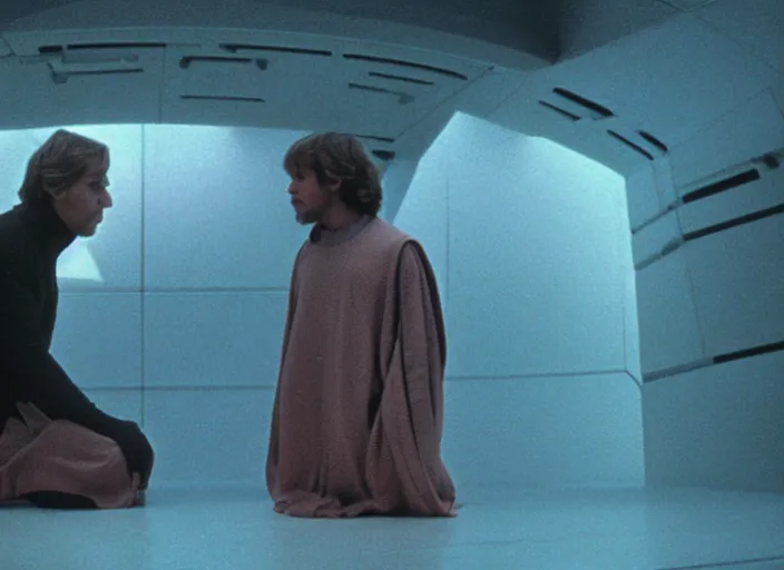 Prompt: Luke skywalker kneels before a strange star wars alien jedi oracle, a mystic with infinite knowledge of time. a strange ethereal foggy pink land. still from the 1983 film space odyssey directed by Stanley Kubrick, symmetrical framing, anamorphic, Photographed with Leica Summilux-M 24 mm lens, kodak stock, ISO 100, f/8, Portra 400