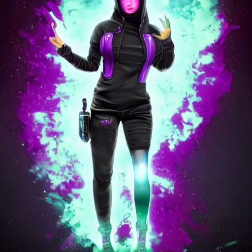 Image similar to poster artwork, sci fi, a female, full body, black hoodie techie, black hair with purple streaks, 8 k