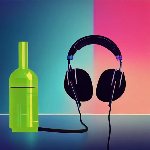 Image similar to headphones in a bottle, cyberpunk, Laurent Durieux style