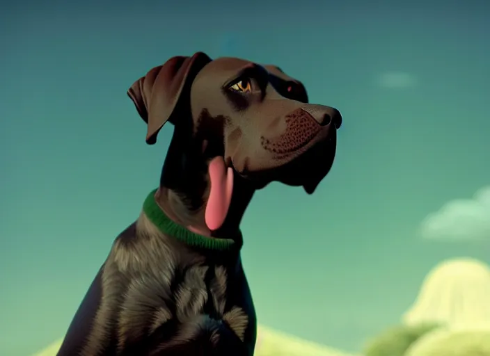 Prompt: a wholesome animation key shot of a black vizsla dog in a green sweater, studio ghibli, pixar and disney animation, sharp, rendered in unreal engine 5, anime key art by greg rutkowski, bloom, dramatic lighting