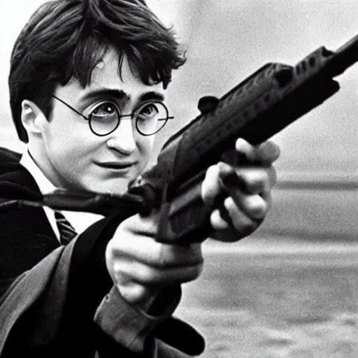 Image similar to harry potter aiming down the sights of an m 1 6 rifle, movie still frame