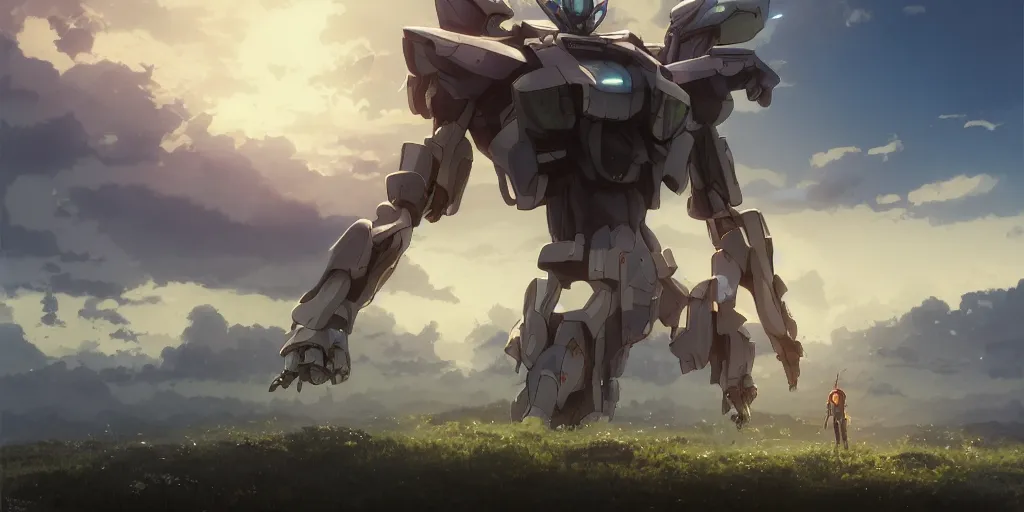 Prompt: Mecha standing near the river, beautiful landscape made by Studio Ghibli, volumetric lighting, highly detailed art, concept art, Greg Rutkowski, Ayami Kojima, James Jean, Yoshitaka Amano, sunset, beautiful scene, shooting stars, sharp focus, smooth, 8k, anime art,depth of field, dynamic sky