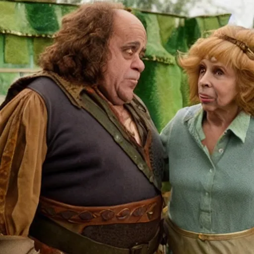 Image similar to Danny DeVito as Link, Rhea Perlman as Zelda, cinematic still