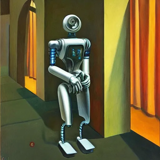 Prompt: robot overlords, grant wwood, pj crook, edward hopper, oil on canvas