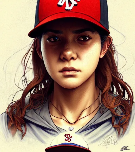 Image similar to symmetry ( clementine from the walking dead wearing her iconic baseball ( letter d ) hat portrait ) ultra detailed, intricate, anime, dynamic lighting, digital art, digital painting, art station, wlop, sharp focus, illustration, art by artgerm and greg rutkowski and alphonse mucha