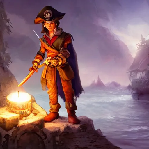 Prompt: concept art of a swashbuckler holding a candle discovering a sunken city, wearing a cape, wearing a night cap, highly detailed, digital art, illustration, artstation, very detailed, 4 k