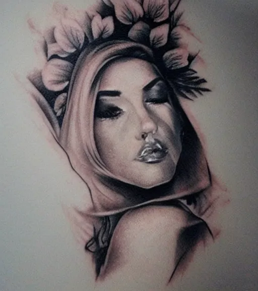 Image similar to tattoo design sketch of a beautiful woman face with a faded background of beautiful mountains and nature on her side, hyper - realistic, in the style of den yakovlev, amazing detail, black and white