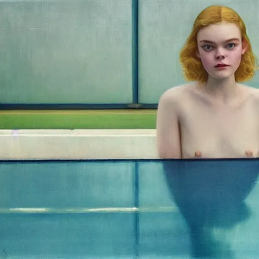 Prompt: Elle Fanning at the pool in the style of Paola Vetri, head and shoulders portrait, stormy weather, extremely detailed masterpiece, oil on canvas, low-key neon lighting, artstation, Blade Runner 2049, Roger Deakin’s cinematography, by J. C. Leyendecker and Peter Paul Rubens and Edward Hopper and Michael Sowa,