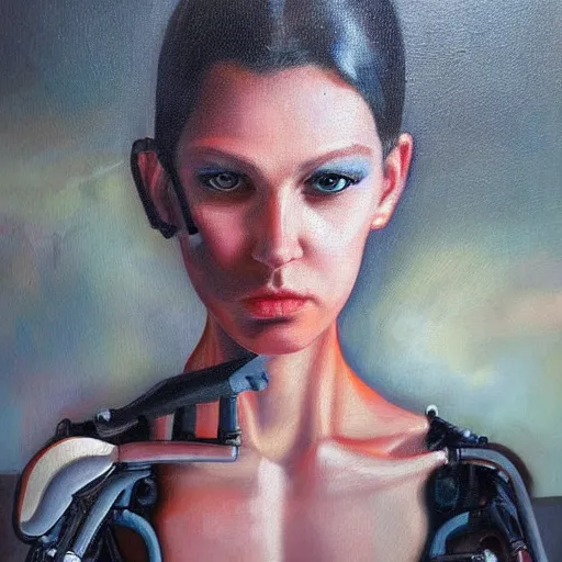 Image similar to amazing portrait of a beautiful cyborg, oil painting. HD