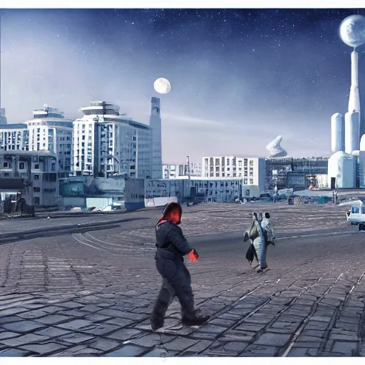 Image similar to moonwalker photo, future city street on the moon, a detailed image of a future norilsk base, street moon landscape