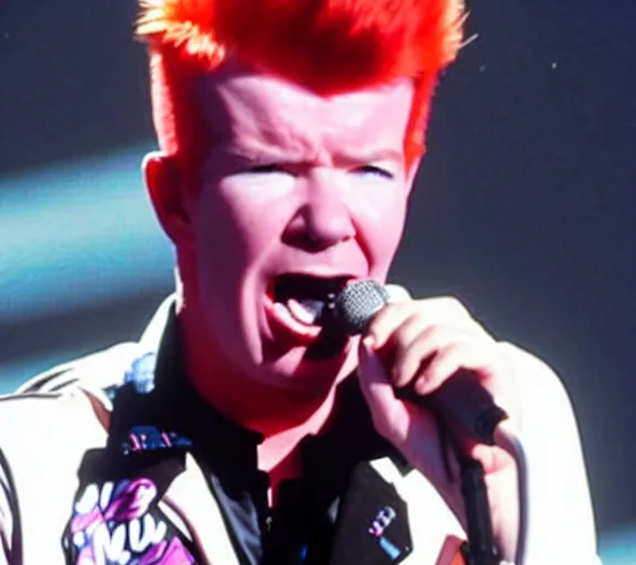 Prompt: color still of rick astley singing in music group insane clown posse