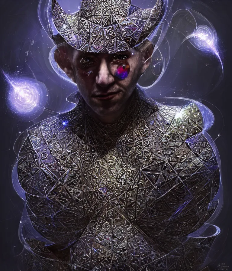 Image similar to front!!! shot of a court jester!!! character, mesmerizing fractal hypercubes, platinum cracked, dark holography!!!, future, metallic galactic, crystalline edges, polygonal, elegant, highly detailed, centered, (((artstation, concept art, jagged, sharp focus, artgerm, Tomasz Alen Kopera, Peter Mohrbacher, donato giancola, Joseph Christian Leyendecker, WLOP, Boris Vallejo))), ((raytracing)), mugshot!!!!!, ugly!!!!!!, octane render, nvidia raytracing demo, octane render, nvidia raytracing demo, octane render, nvidia raytracing demo, 8K, cinematic, masterpiece