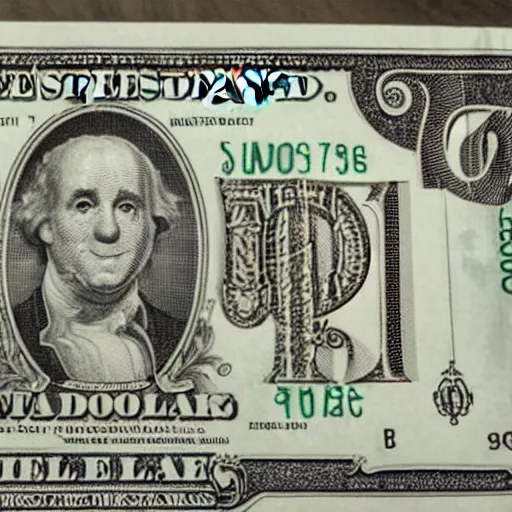Prompt: A dollar banknote with a clown face printed on it