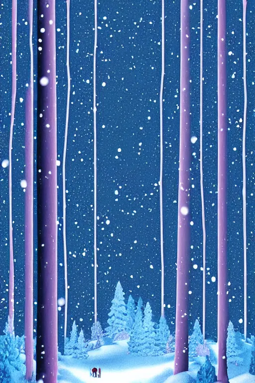 Prompt: beautiful dark evil forest at night with pine trees and snow, snowing and wind. Digital Matte Illustration by Lisa Frank