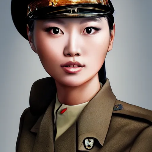 Image similar to portrait of beautiful japan woman soldier in uniform, by artgerm, nick silva, ja mong, greg rutkowsky, digital, soft painting, photorealism, skin reflections